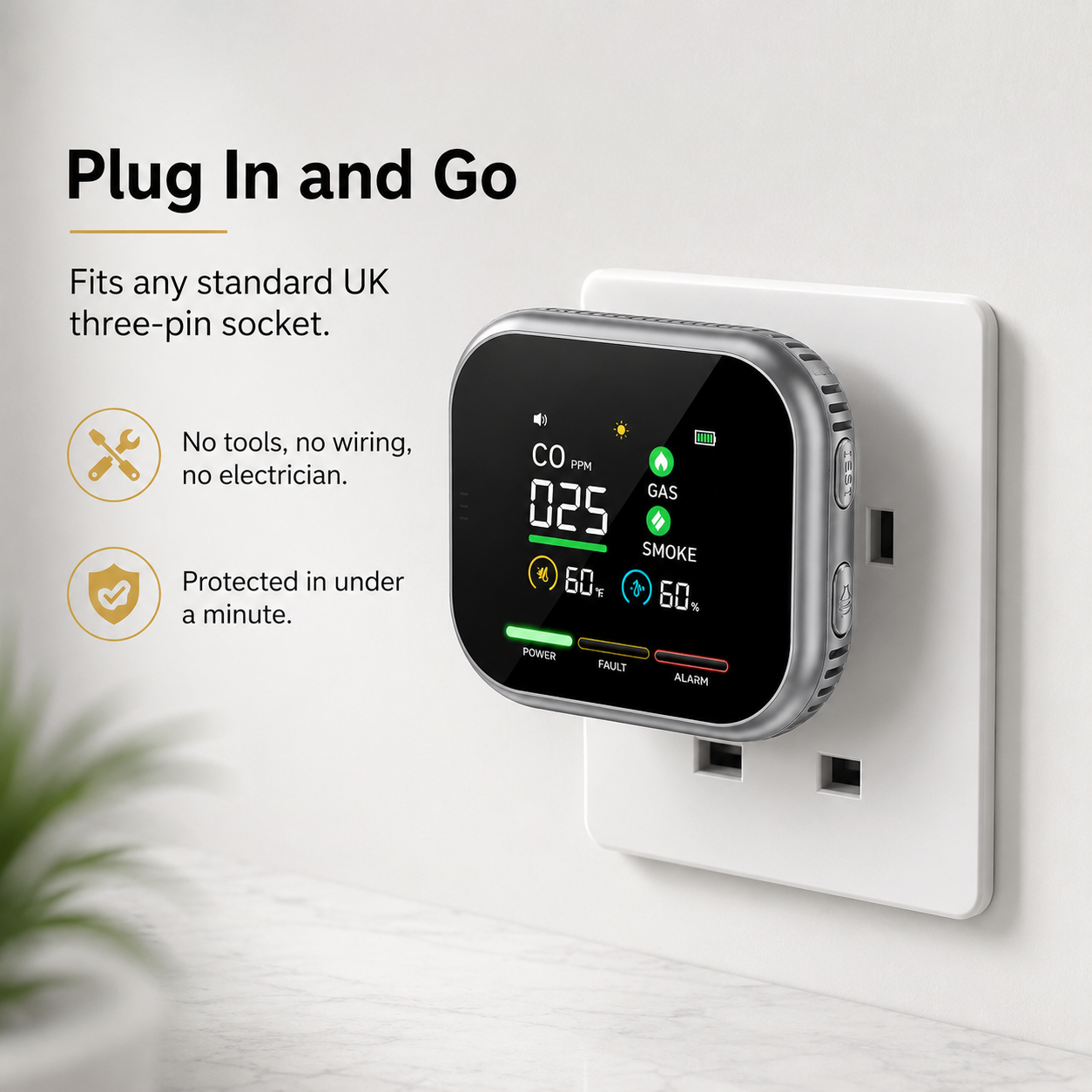 Vitalo AirSafe Digital Carbon Monoxide Detector — Plug-In CO Alarm with Live PPM Display & Battery Backup