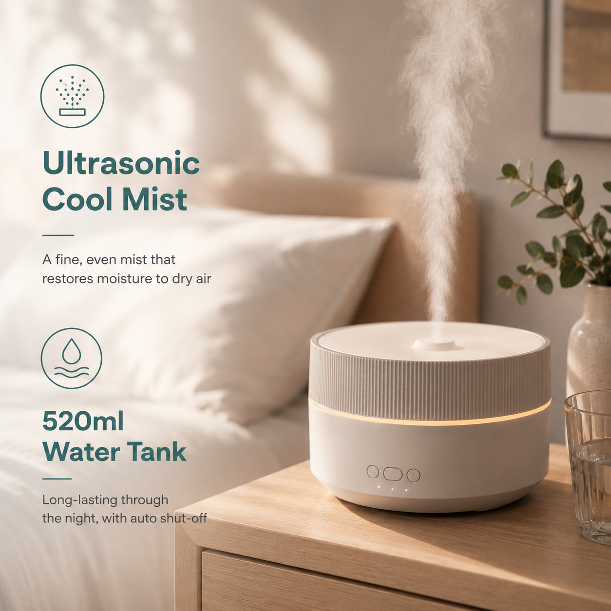 Glowence Cool Mist Air Humidifier for Bedroom – Ultrasonic, Quiet, with Timer & Night Light