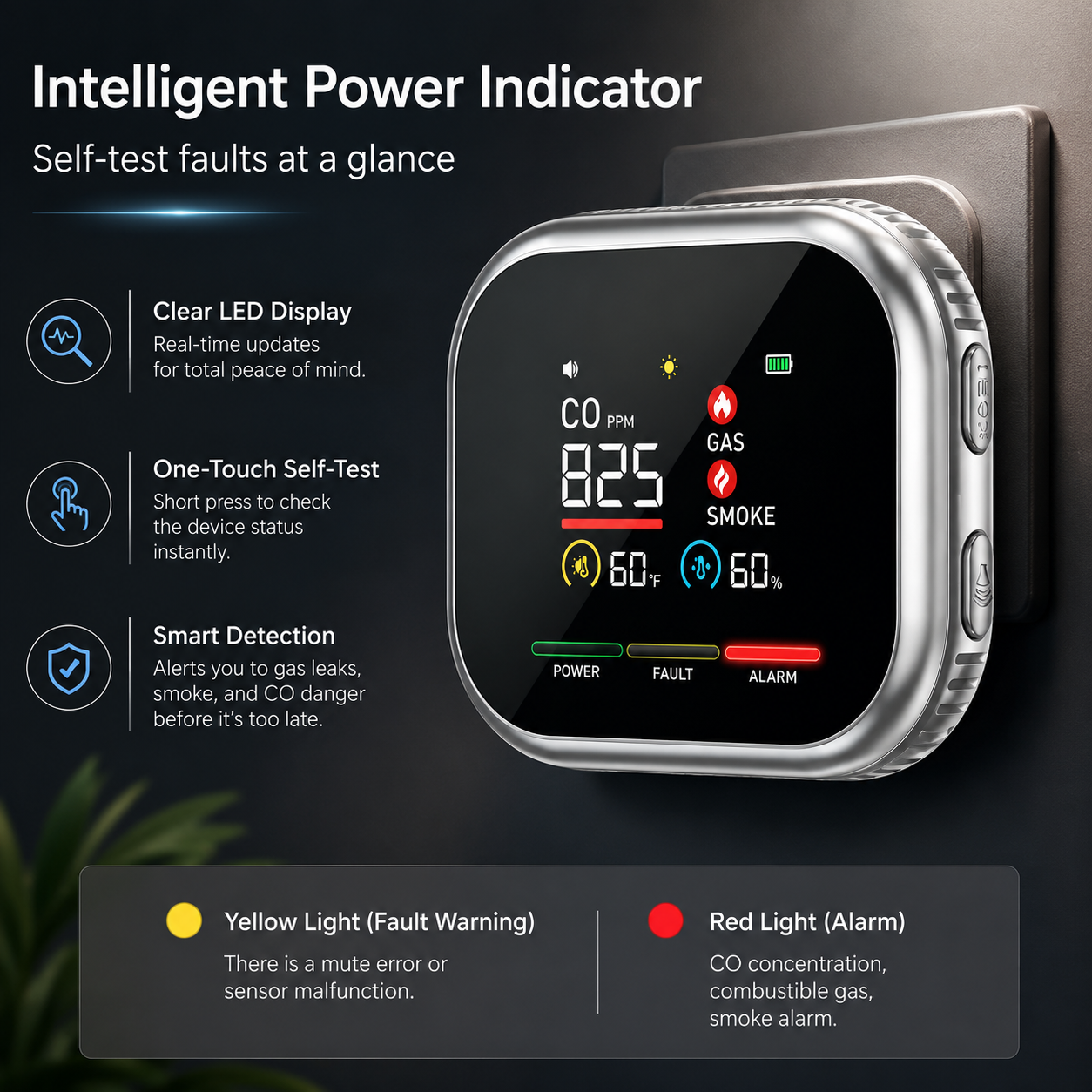 Vitalo AirSafe Digital Carbon Monoxide Detector — Plug-In CO Alarm with Live PPM Display & Battery Backup