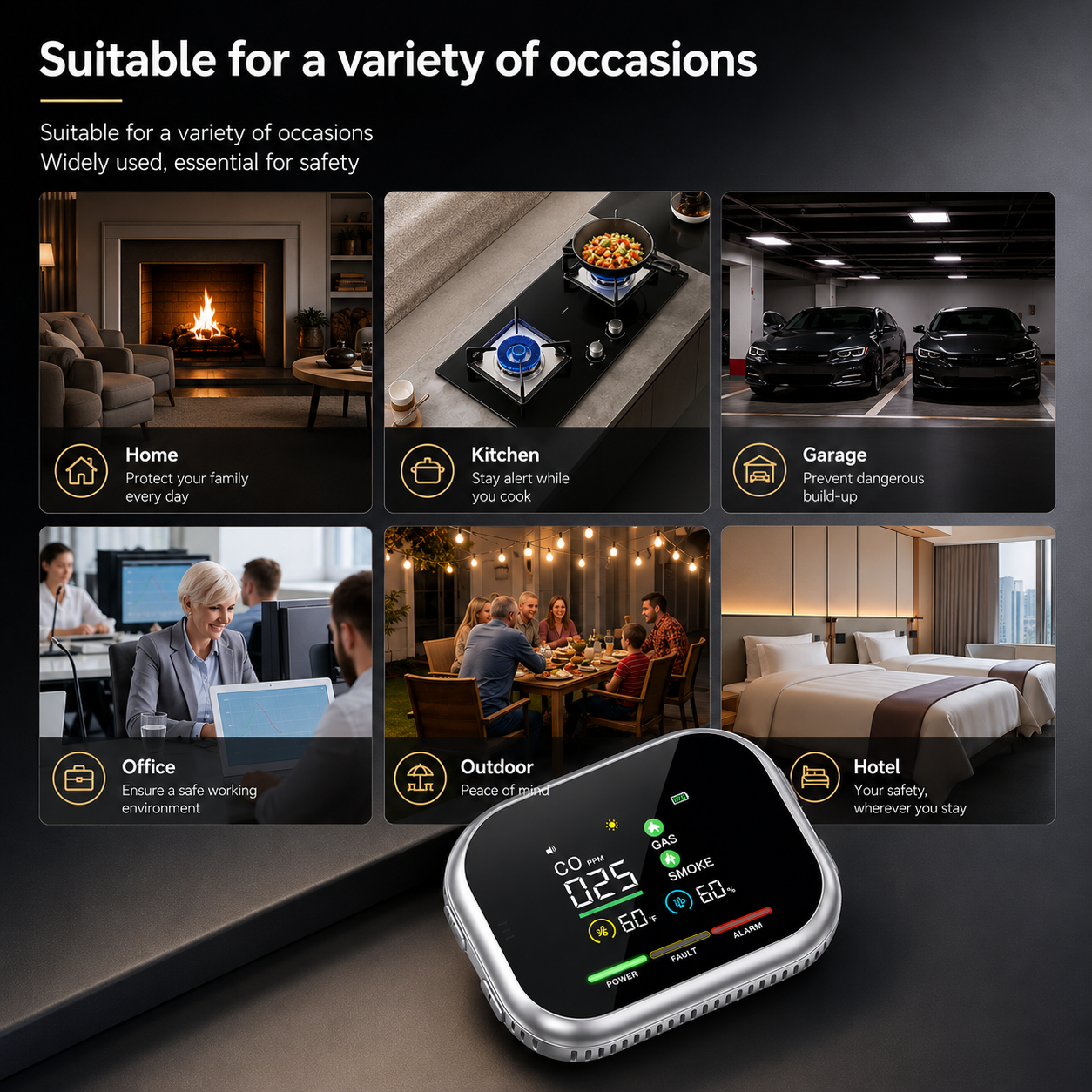 Vitalo AirSafe Digital Carbon Monoxide Detector — Plug-In CO Alarm with Live PPM Display & Battery Backup