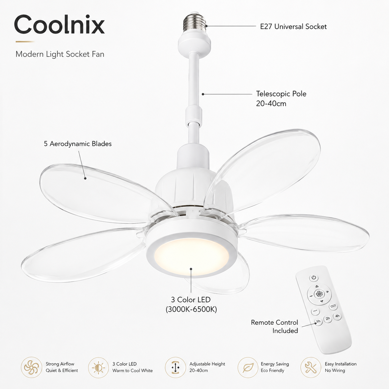 Coolnix Light Socket Fan — Screws In, No Wiring