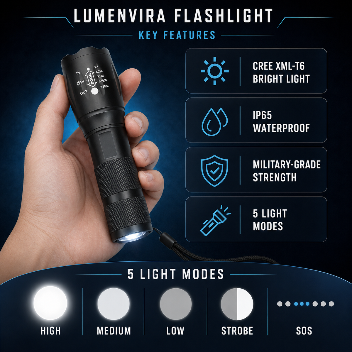LumenVira LED Tactical Flashlight 2000 Lumens