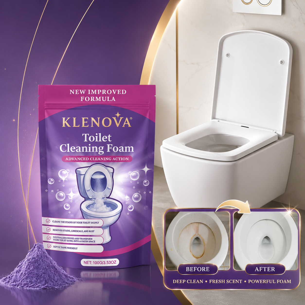 Klenova Toilet Cleaning Foam – No-Scrub Foaming Powder for Stains, Limescale & Odours