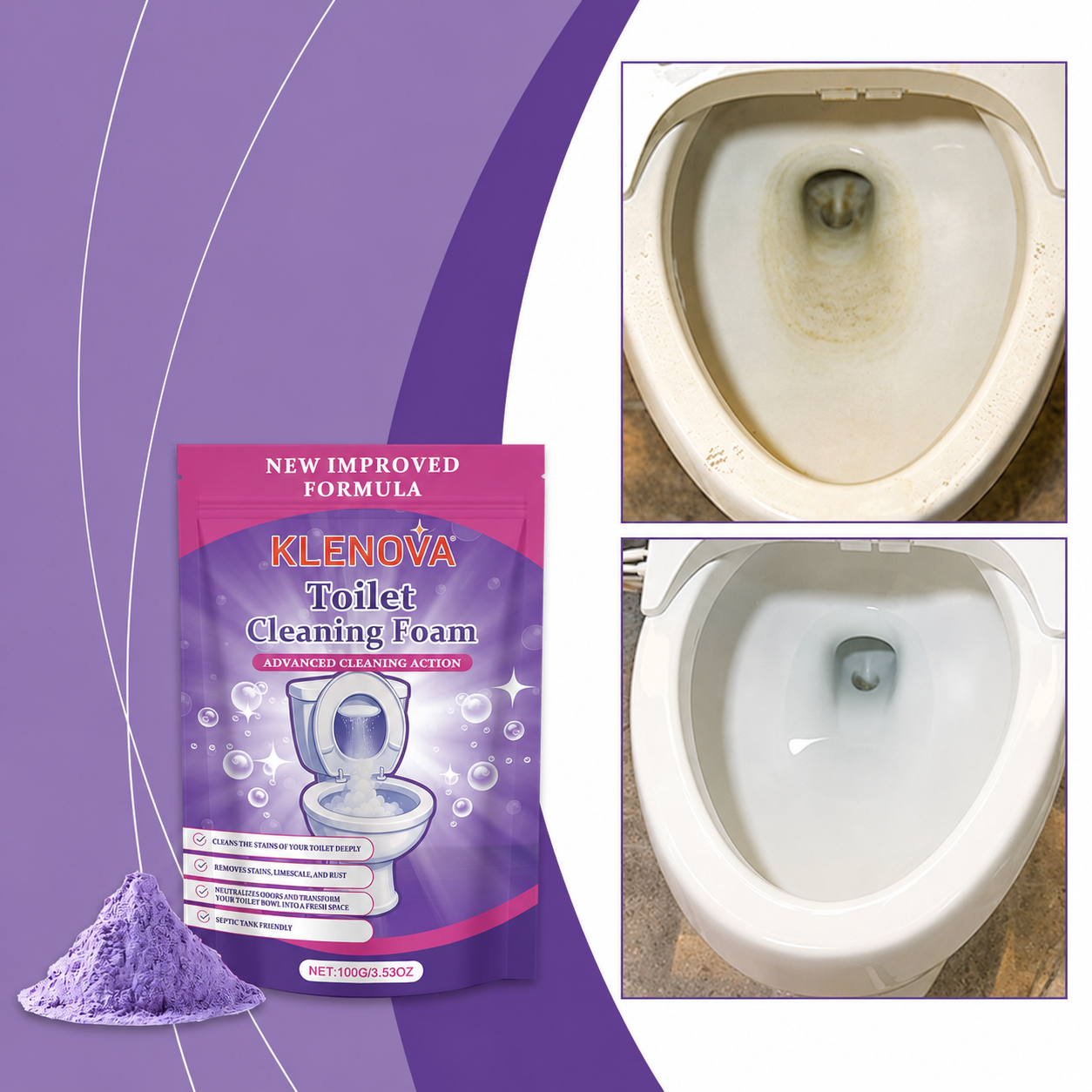 Klenova Toilet Cleaning Foam – No-Scrub Foaming Powder for Stains, Limescale & Odours