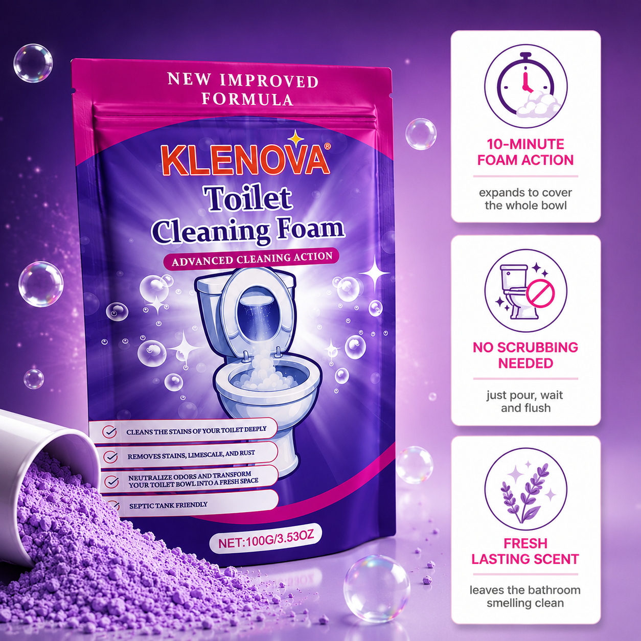 Klenova Toilet Cleaning Foam – No-Scrub Foaming Powder for Stains, Limescale & Odours
